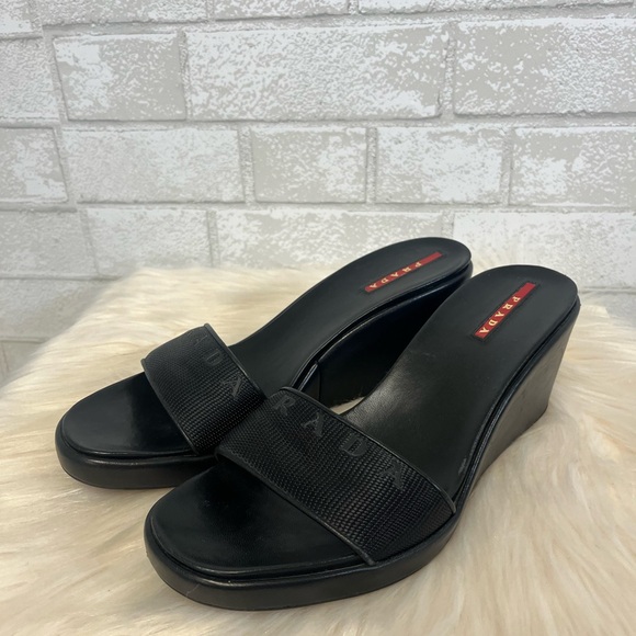 Prada Logo Open Toe Wedge Platform Slip Ons Size 38.5 - Picture 1 of 9